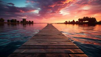 ai generado tranquilo puesta de sol terminado agua, madera refleja belleza en naturaleza generado por ai foto