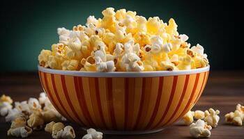 AI generated Gourmet popcorn in yellow bowl, perfect movie snack generated by AI photo