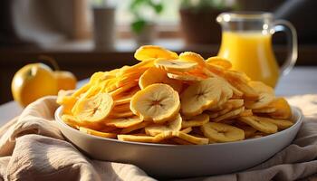 AI generated Fresh fruit on table, healthy snack, ready to eat, focus on foreground generated by AI photo