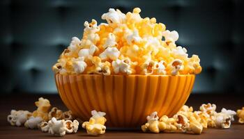 AI generated Fresh popcorn in a yellow bowl, perfect movie theater snack generated by AI photo