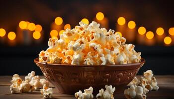 AI generated Fresh popcorn in a wooden bowl, perfect movie night snack generated by AI photo