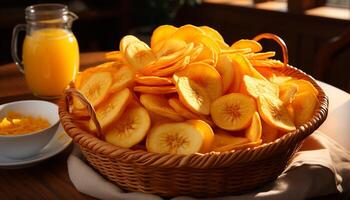 ai generado Fresco Fruta en de madera mesa, un sano y delicioso comida generado por ai foto