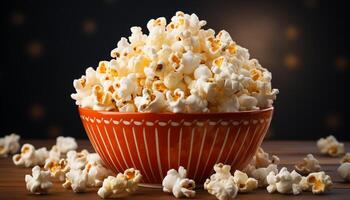 AI generated Fresh popcorn in a striped bucket, perfect movie theater snack generated by AI photo