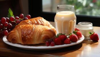 ai generado Fresco cuerno y bayas en de madera mesa, Listo a comer desayuno generado por ai foto