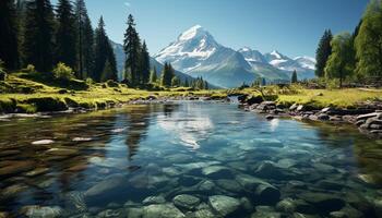 AI generated Tranquil scene majestic mountain peak reflects in blue pond generated by AI photo
