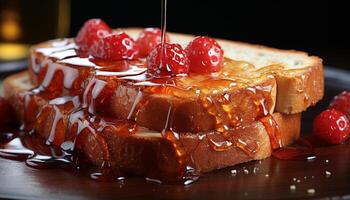 ai generado frescura y dulzura en un gastrónomo plato de postre generado por ai foto