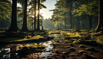 AI generated Tranquil scene autumn leaves reflect on the calm water generated by AI photo