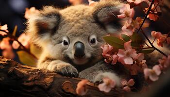 AI generated Cute koala sitting on branch, looking at camera in nature generated by AI photo