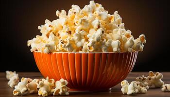 AI generated Fresh popcorn in a wooden bowl, perfect movie theater snack generated by AI photo