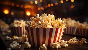 AI generated Watching movie, eating popcorn, in dark movie theater generated by AI photo