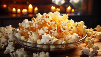 AI generated Fresh popcorn in a yellow bowl, perfect movie night snack generated by AI photo