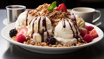 AI generated Freshness and indulgence on a plate of sweet berry dessert generated by AI photo