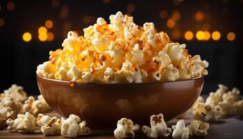 AI generated Freshly popped corn in a yellow bowl, perfect movie snack generated by AI photo