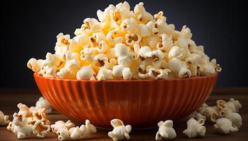 AI generated Fresh popcorn in a wooden bowl, perfect movie theater snack generated by AI photo