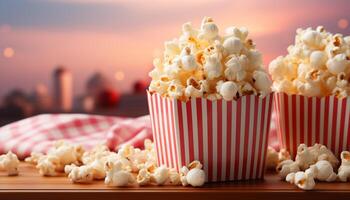 AI generated Fresh popcorn in striped bucket, perfect movie theater refreshment generated by AI photo