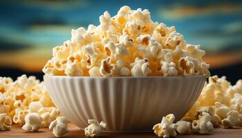 AI generated Fresh popcorn in a yellow bowl, perfect for movie night generated by AI photo