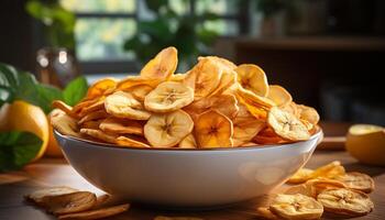 AI generated Healthy eating Fresh fruit bowl on wooden table, nature gourmet delight generated by AI photo