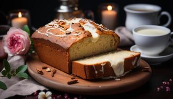 AI generated Freshly baked chocolate cake on a rustic wooden table generated by AI photo