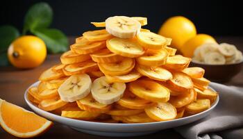 AI generated Fresh, ripe fruit stack on wooden plate, vibrant and healthy generated by AI photo