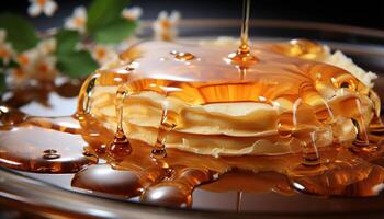 AI generated Freshly baked pancake stack with honey syrup and chocolate drizzle generated by AI photo