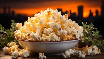 AI generated Fresh popcorn in a yellow bowl, perfect movie night snack generated by AI photo