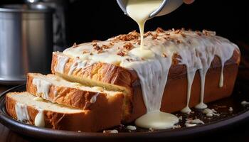 ai generado recién horneado chocolate pastel con cremoso azotado crema Adición generado por ai foto