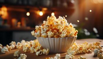 AI generated Fresh popcorn in a yellow bowl, perfect movie night snack generated by AI photo