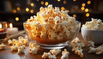 AI generated Fresh popcorn in a wooden bowl, perfect movie night snack generated by AI photo