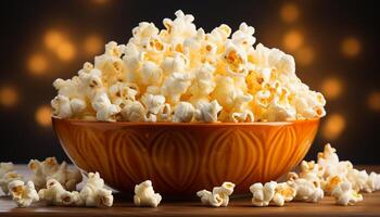 AI generated Fresh popcorn in a yellow bowl, perfect movie theater snack generated by AI photo