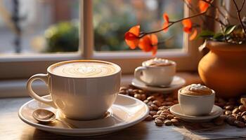 ai generado Fresco capuchino en de madera mesa, un Perfecto Mañana refresco generado por ai foto