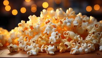 AI generated Fresh popcorn, sweet candy, and refreshing drinks for movie night generated by AI photo