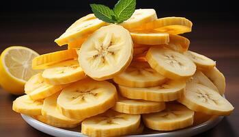AI generated Fresh, ripe banana slice on wooden table, a healthy snack generated by AI photo