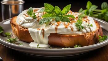 ai generado frescura y culinario indulgencia en un gastrónomo plato de postre generado por ai foto