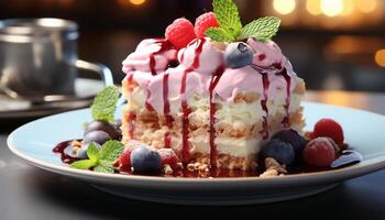 ai generado hecho en casa baya tarta de queso, un dulce indulgencia en un plato generado por ai foto