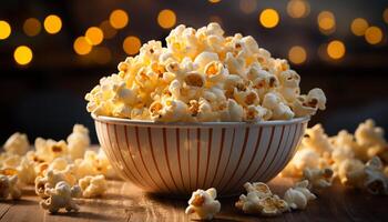 AI generated Fresh popcorn in yellow bowl, perfect movie theater snack generated by AI photo