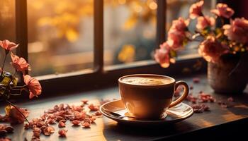 AI generated Cozy autumn coffee break hot latte, rustic wood, comforting atmosphere generated by AI photo