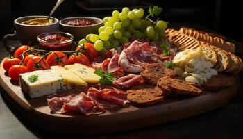 ai generado frescura en un rústico mesa gastrónomo carne, pan, y Fruta generado por ai foto