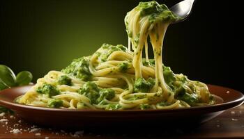 AI generated Fresh homemade pasta with savory pesto sauce and parmesan cheese generated by AI photo