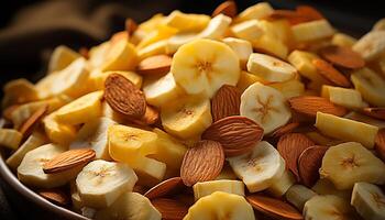 AI generated Fresh fruit salad banana, apple, almond, walnut, healthy snack generated by AI photo