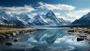 AI generated Majestic mountain peak reflects in tranquil icy blue water generated by AI photo