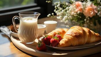 AI generated Freshness on table croissant, drink, dessert, gourmet, close up, meal generated by AI photo