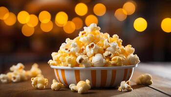 AI generated Fresh popcorn in a yellow bowl, perfect movie night snack generated by AI photo