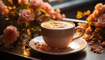 ai generado un caliente capuchino en un de madera mesa, rodeado por otoño hojas generado por ai foto