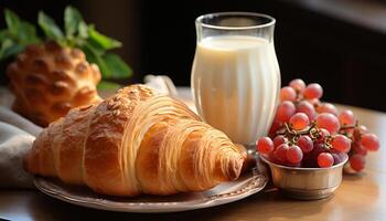 AI generated Fresh croissant and fruit on wooden table, a gourmet delight generated by AI photo