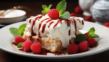AI generated Fresh raspberry dessert with mint leaf on gourmet plate generated by AI photo