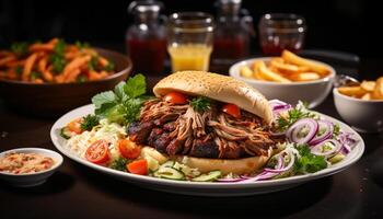 AI generated Grilled beef steak on plate, with tomato and salad generated by AI photo