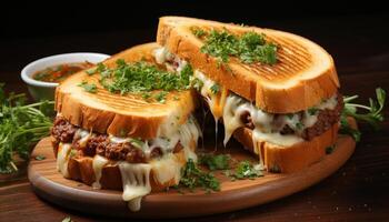 AI generated Grilled meat sandwich on wooden plate, fresh and appetizing generated by AI photo