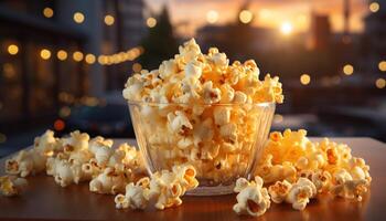 AI generated Fresh popcorn, sweet caramel, and a movie night delight generated by AI photo