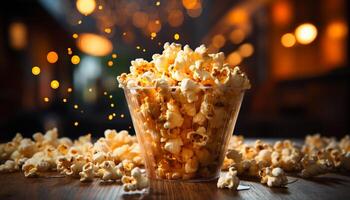 AI generated Fresh caramel corn on wooden table, perfect movie night snack generated by AI photo