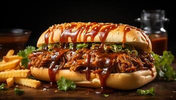 ai generado A la parrilla carne de vaca hamburguesa con tirado cerdo, Ensalada de col, y papas fritas generado por ai foto